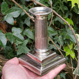 Sterling Silver Pair Of Heavy Corinthian Column Candlesticks Antique Victorian Sheffield Circa 1878