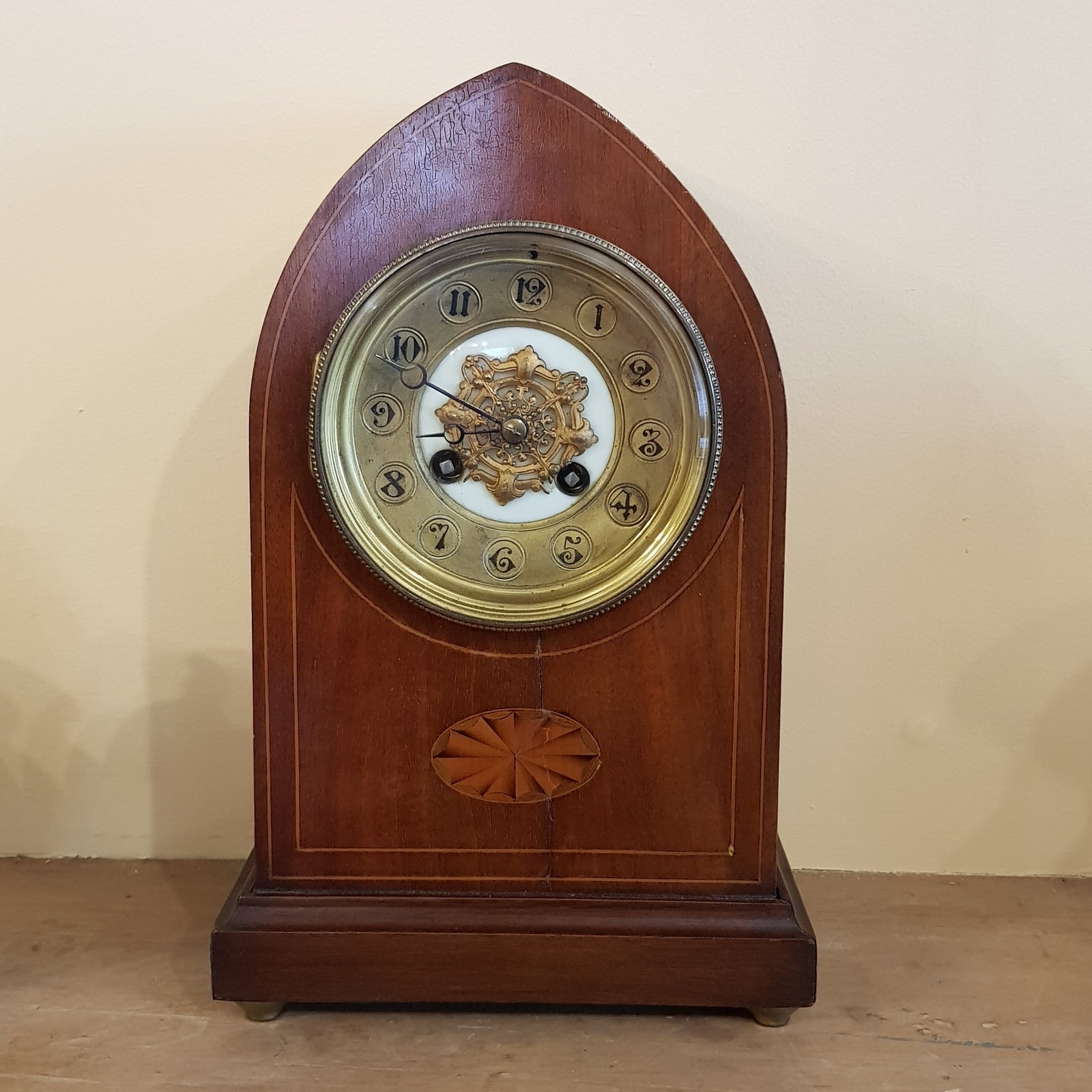 Walnut Cased Specimen Wood Inlaid Gothic Arch Style Pendulum Mantle Clock Antique Victorian Circa 1890