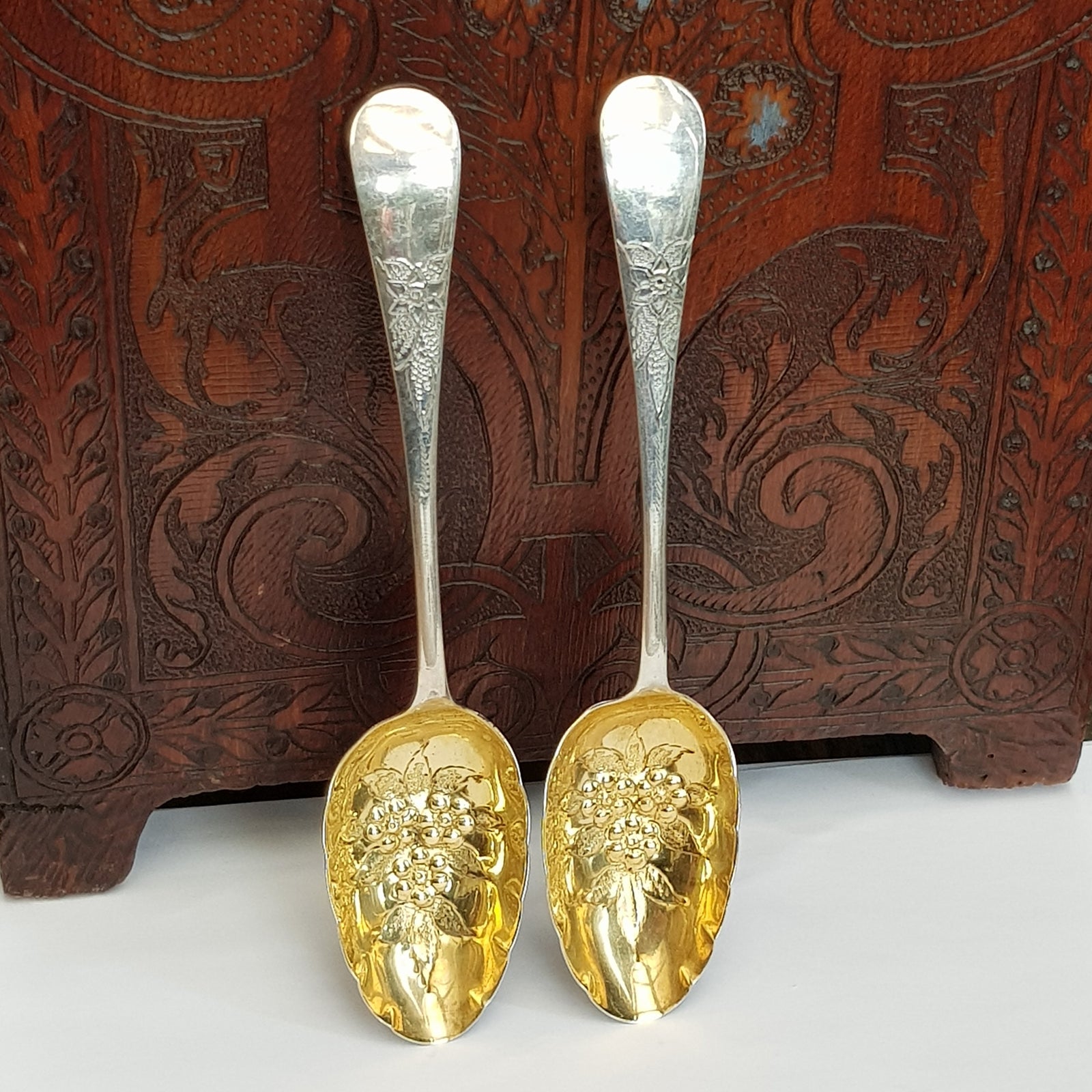 Sterling Silver Gilt Bowl Pair Of Berry Table Spoons Antique London circa 1911