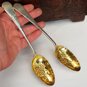 Sterling Silver Gilt Bowl Pair Of Berry Table Spoons Antique London circa 1911