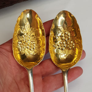 Sterling Silver Gilt Bowl Pair Of Berry Table Spoons Antique London circa 1911