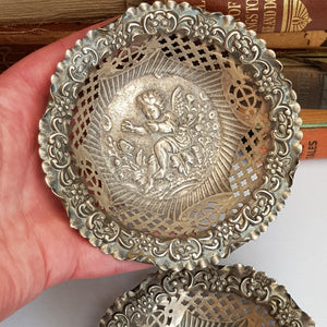 Sterling Silver Cherub Repousse Pair Of Bon Bon Dishes Antique Chester Circa 1902