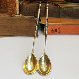Russian Solid Silver Pair Of Niello Pictorial Bowl Back Spoons Antique Circa 1905