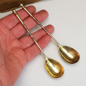 Russian Solid Silver Pair Of Niello Pictorial Bowl Back Spoons Antique Circa 1905