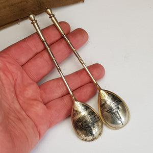 Russian Solid Silver Pair Of Niello Pictorial Bowl Back Spoons Antique Circa 1905