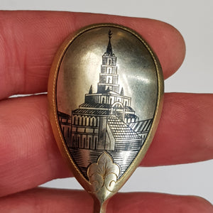 Russian Solid Silver Pair Of Niello Pictorial Bowl Back Spoons Antique Circa 1905