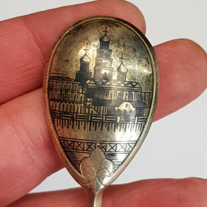 Russian Solid Silver Pair Of Niello Pictorial Bowl Back Spoons Antique Circa 1905