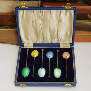 Sterling Silver Enamel Bowl Decorated Set Of x6 Tea Spoons Vintage Birmingham Circa 1961