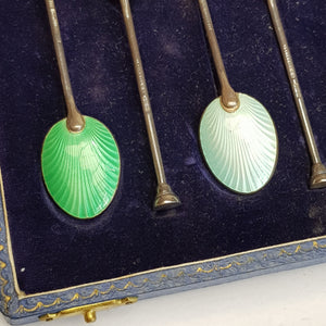Sterling Silver Enamel Bowl Decorated Set Of x6 Tea Spoons Vintage Birmingham Circa 1961