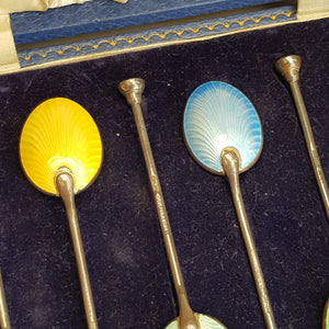 Sterling Silver Enamel Bowl Decorated Set Of x6 Tea Spoons Vintage Birmingham Circa 1961
