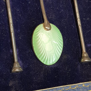 Sterling Silver Enamel Bowl Decorated Set Of x6 Tea Spoons Vintage Birmingham Circa 1961