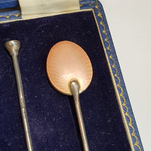 Sterling Silver Enamel Bowl Decorated Set Of x6 Tea Spoons Vintage Birmingham Circa 1961