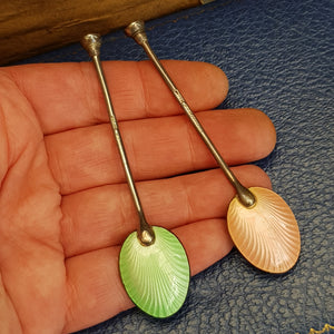 Sterling Silver Enamel Bowl Decorated Set Of x6 Tea Spoons Vintage Birmingham Circa 1961
