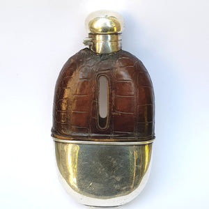 Quality Crocodile Skin Clad Blown Glass Hip Flask With Silver Plated Fittings Mappin & Webb Antique c1900