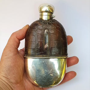 Quality Crocodile Skin Clad Blown Glass Hip Flask With Silver Plated Fittings Mappin & Webb Antique c1900