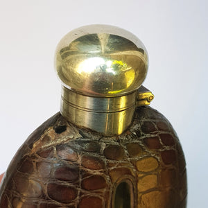Quality Crocodile Skin Clad Blown Glass Hip Flask With Silver Plated Fittings Mappin & Webb Antique c1900