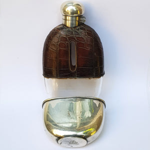 Quality Crocodile Skin Clad Blown Glass Hip Flask With Silver Plated Fittings Mappin & Webb Antique c1900