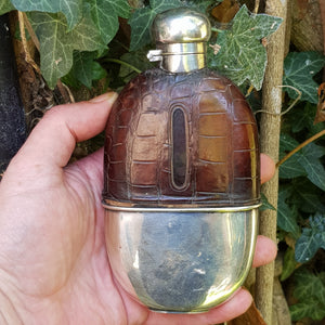 Quality Crocodile Skin Clad Blown Glass Hip Flask With Silver Plated Fittings Mappin & Webb Antique c1900