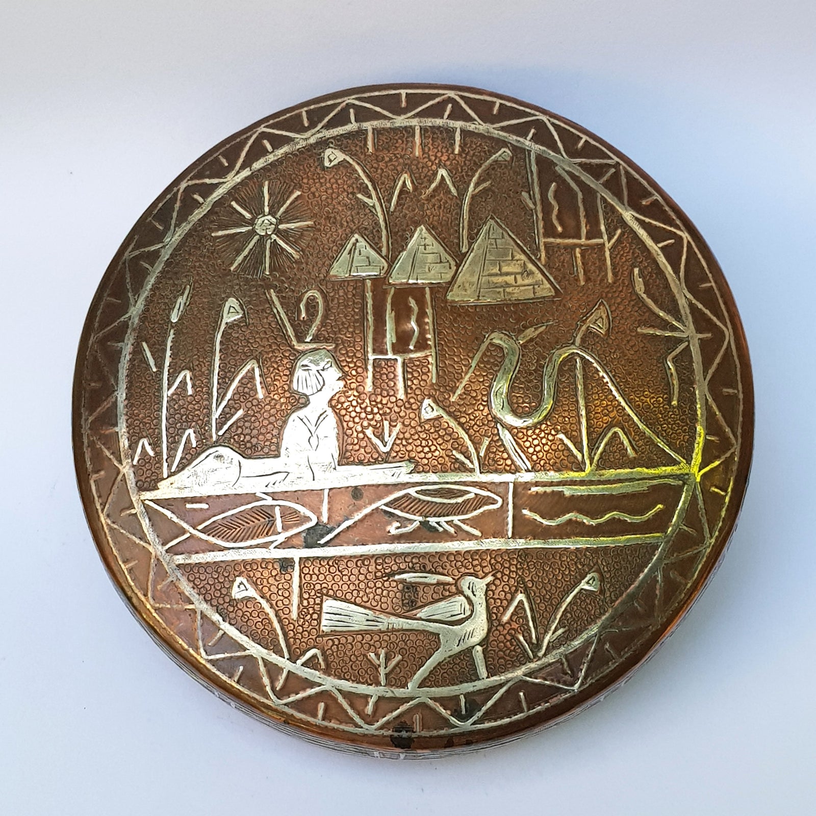 Egyptian Grand Tour Souvenir Silver Decorated Solid Copper Box Antique Circa 1920's