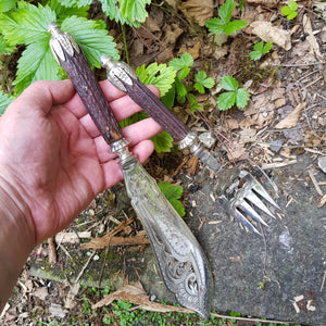Ornate Pair Of Deer Antler Handled Silver Plate Mounted Fish Servers Antique Victorian Circa 1890
