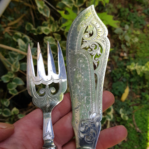 Ornate Pair Of Deer Antler Handled Silver Plate Mounted Fish Servers Antique Victorian Circa 1890