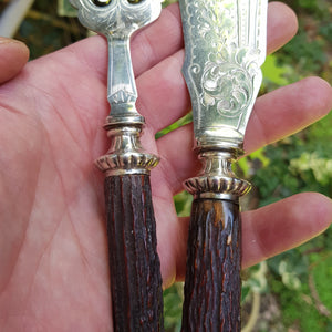 Ornate Pair Of Deer Antler Handled Silver Plate Mounted Fish Servers Antique Victorian Circa 1890
