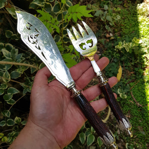 Ornate Pair Of Deer Antler Handled Silver Plate Mounted Fish Servers Antique Victorian Circa 1890