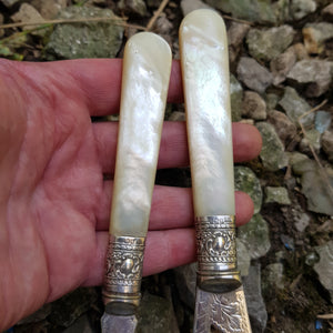 Superb Pair Of Moher Of Pearl Handled Silver Plate Mounted Fish Servers Antique Victorian Circa 1880