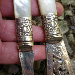Superb Pair Of Moher Of Pearl Handled Silver Plate Mounted Fish Servers Antique Victorian Circa 1880