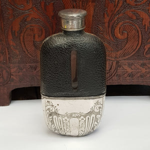 Blown Glass Leather Clad Hip Flask With Silver Plated Fittings Antique Victorian Circa 1890