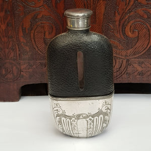Blown Glass Leather Clad Hip Flask With Silver Plated Fittings Antique Victorian Circa 1890