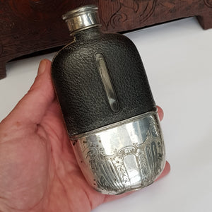 Blown Glass Leather Clad Hip Flask With Silver Plated Fittings Antique Victorian Circa 1890