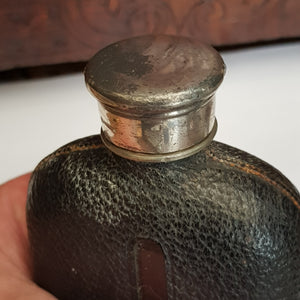 Blown Glass Leather Clad Hip Flask With Silver Plated Fittings Antique Victorian Circa 1890