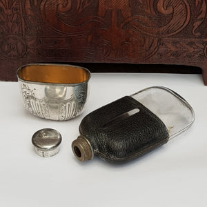 Blown Glass Leather Clad Hip Flask With Silver Plated Fittings Antique Victorian Circa 1890