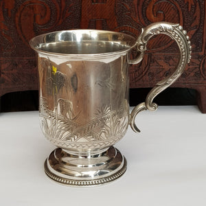 Sterling Silver Mug Aesthetic Movement Japanese Garden Scene Antique Birmingham Circa 1879