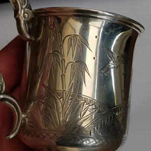 Sterling Silver Mug Aesthetic Movement Japanese Garden Scene Antique Birmingham Circa 1879