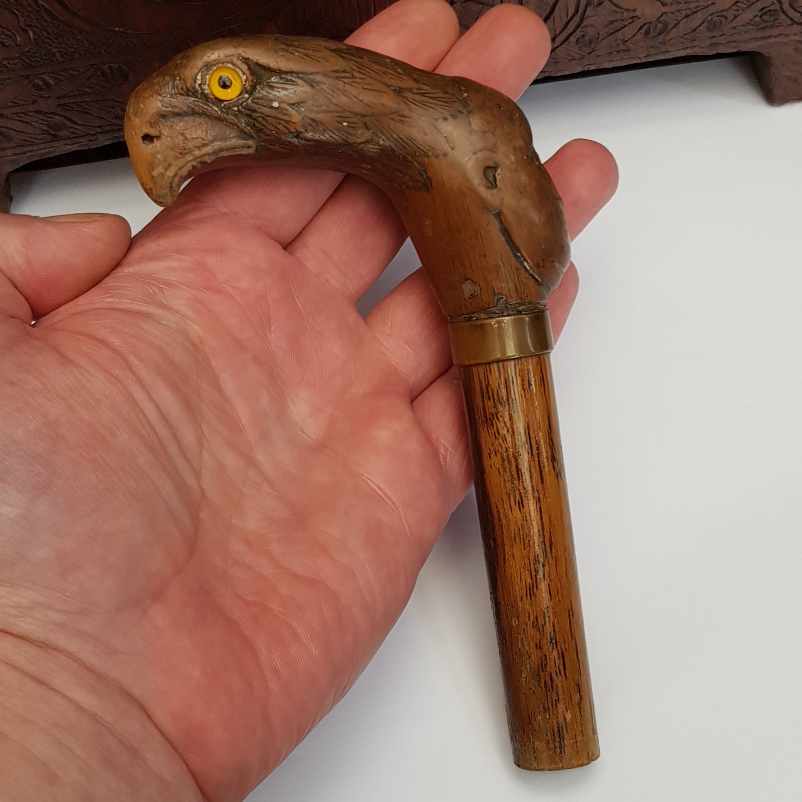 Rare And Unusual Hand Carved Wooden Walking Stick Handle Eagle And Mans Head Antique Circa 1880's
