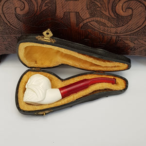 Meerschaum Novelty Smoking Pipe As Death Head Skull With Amber Stem In Case Antique Edwardian Circa 1910