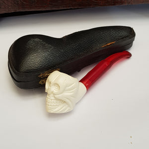 Meerschaum Novelty Smoking Pipe As Death Head Skull With Amber Stem In Case Antique Edwardian Circa 1910
