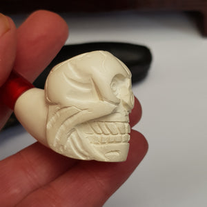 Meerschaum Novelty Smoking Pipe As Death Head Skull With Amber Stem In Case Antique Edwardian Circa 1910