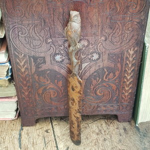 Superb Carved Owl Figure On Branch Elmwood Letter Opener Antique Circa 1900