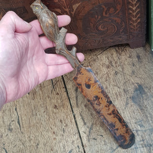 Superb Carved Owl Figure On Branch Elmwood Letter Opener Antique Circa 1900