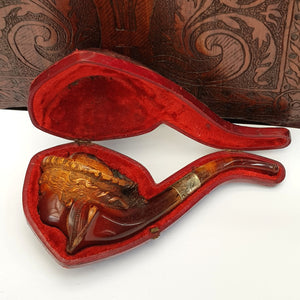 Meerschaum And Amber Silver Mounted Novelty Smoking Pipe As Baroness In Case Antique Victorian Circa 1890