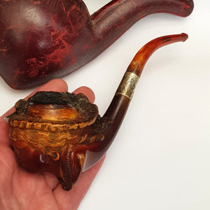 Meerschaum And Amber Silver Mounted Novelty Smoking Pipe As Baroness In Case Antique Victorian Circa 1890