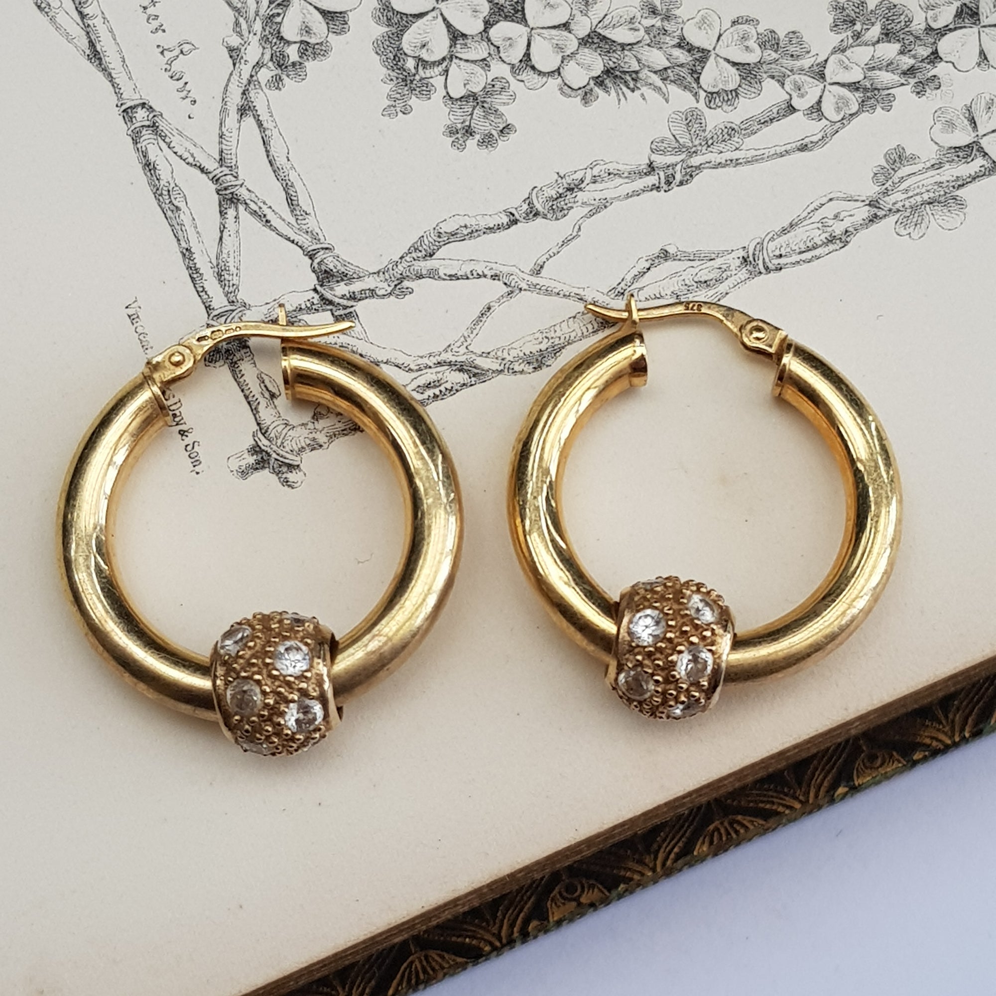 9k Gold Pair Of Paste Bauble Threaded Hoop Earrings Vintage London circa 1969