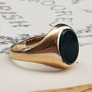 9k Gold Bloodstone Agate Signet Style Ring Size UK S Antique circa 1919