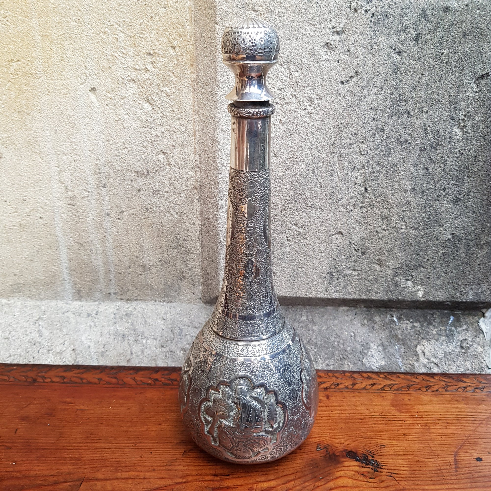 Artisan Crafted Solid Silver Picture Panel Chase Decorated Wine Bottle Middle Eastern Antique