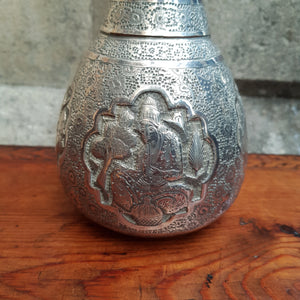 Artisan Crafted Solid Silver Picture Panel Chase Decorated Wine Bottle Middle Eastern Antique