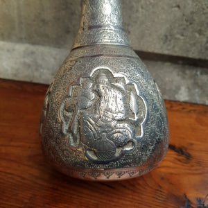 Artisan Crafted Solid Silver Picture Panel Chase Decorated Wine Bottle Middle Eastern Antique
