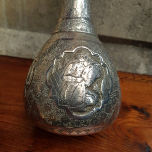 Artisan Crafted Solid Silver Picture Panel Chase Decorated Wine Bottle Middle Eastern Antique